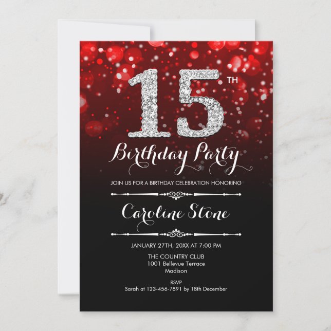 Invitación 15.º cumpleaños - Plata roja (Anverso)