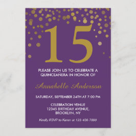 Invitación 15.º cumpleaños Puertos de oro púrpura Quinceañera