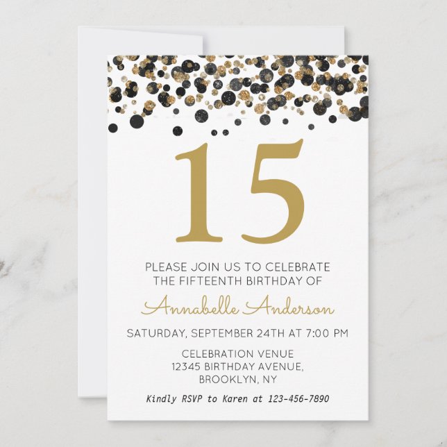 Invitación 15.º cumpleaños Purpurina de oro negro Sparkle Con (Anverso)