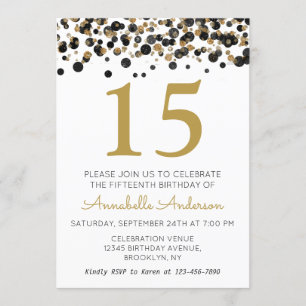 Invitación 15.º cumpleaños Purpurina de oro negro Sparkle Con