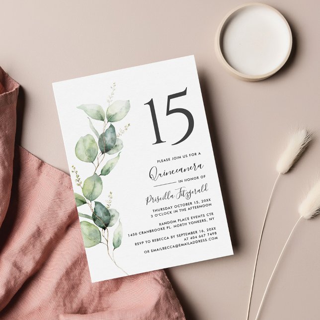 Invitación 15.º cumpleaños Quinceanera Eucalyptus Foliage (Eucalyptus 15th Birthday Quinceanera Party Invitation)