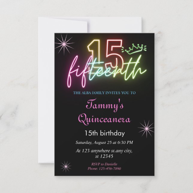 Invitación 15.º cumpleañosGlow Neon Quinceanera (Anverso)