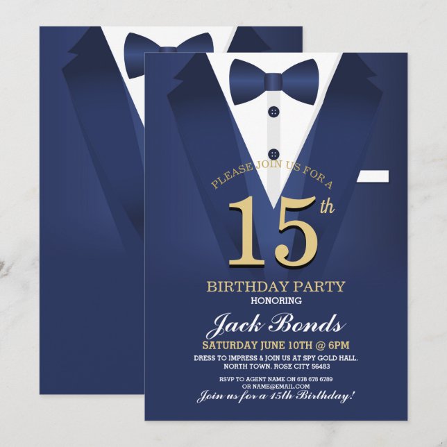 Invitación 15.º Juicio Espía de Cumpleaños Black tie Bola de  (Anverso / Reverso)