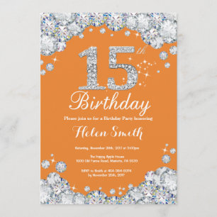 Invitación 15.º Naranja de cumpleaños y diamante plateado