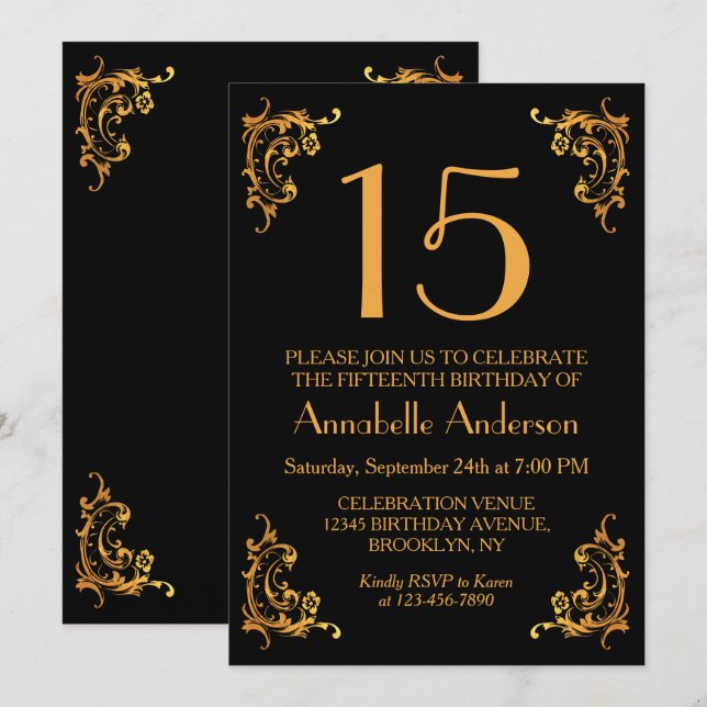 Invitación 15.º natalicio elegante oro negro retro (Anverso / Reverso)