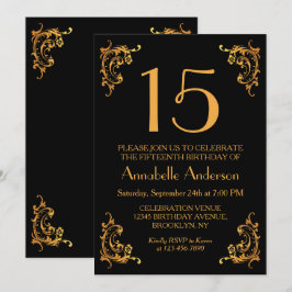 Invitación 15.º natalicio elegante oro negro retro