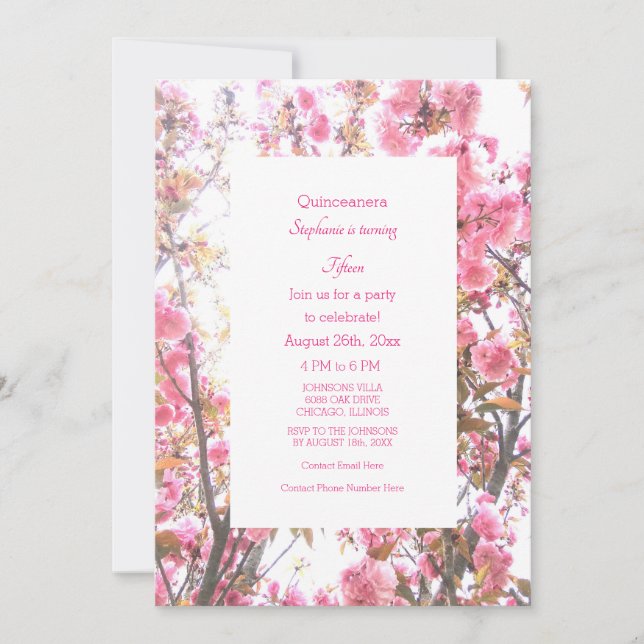 Invitación 15.º Quinto Cumpleaños Floral de cerezo rosa (Anverso)