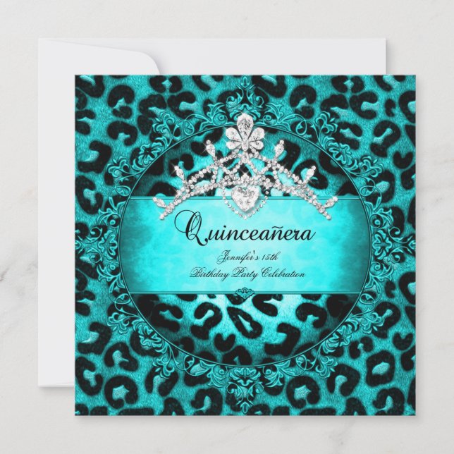 Invitación 15.º tiara azul verde azulado del leopardo de Quin (Anverso)