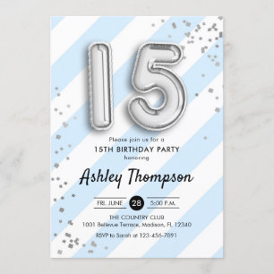 Invitación 15 Aniversario - Bandas azules globos plateados