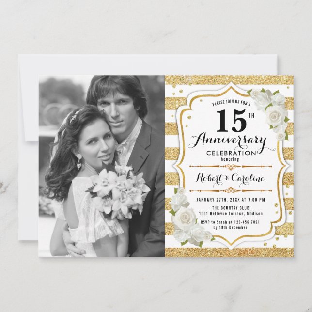 Invitación 15° aniversario con foto - Blanco dorado (Anverso)