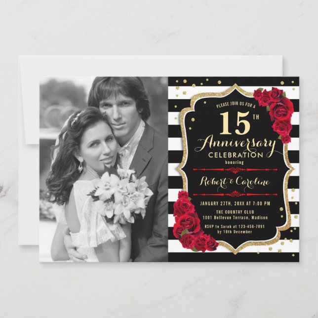 Invitación 15° aniversario con foto - Rojo negro dorado (Anverso)