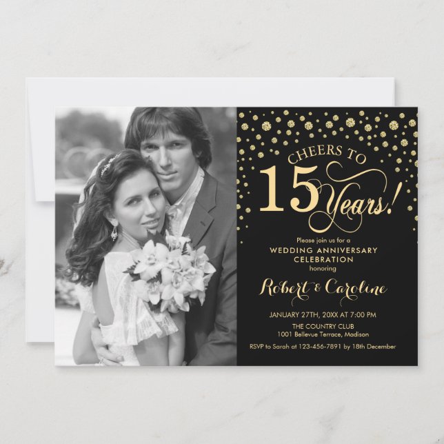Invitación 15 Aniversario de Boda con Foto - Dorado Negro (Anverso)