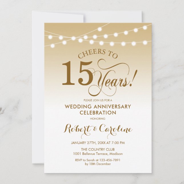 Invitación 15° Aniversario del Boda - Blanco dorado (Anverso)