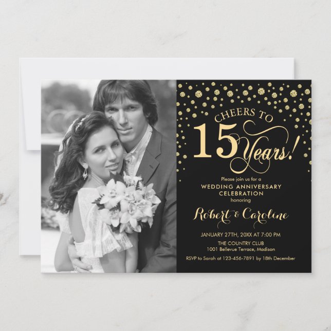 Invitación 15° Aniversario del Boda con foto - Negro de oro (Anverso)