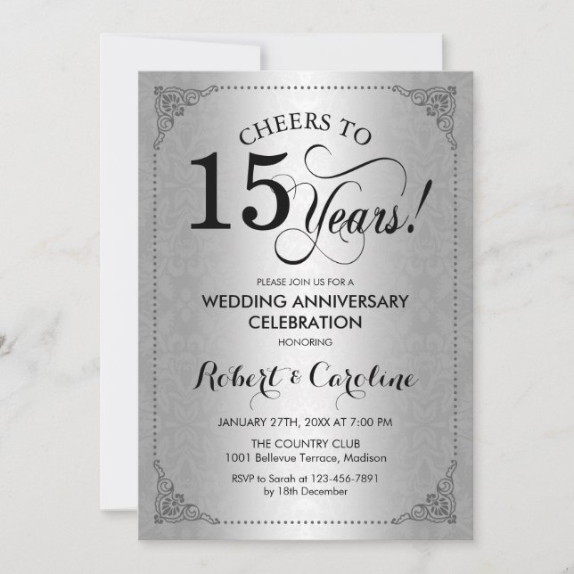 Invitación 15° Aniversario del Boda - Damasco negro plateado (Anverso)
