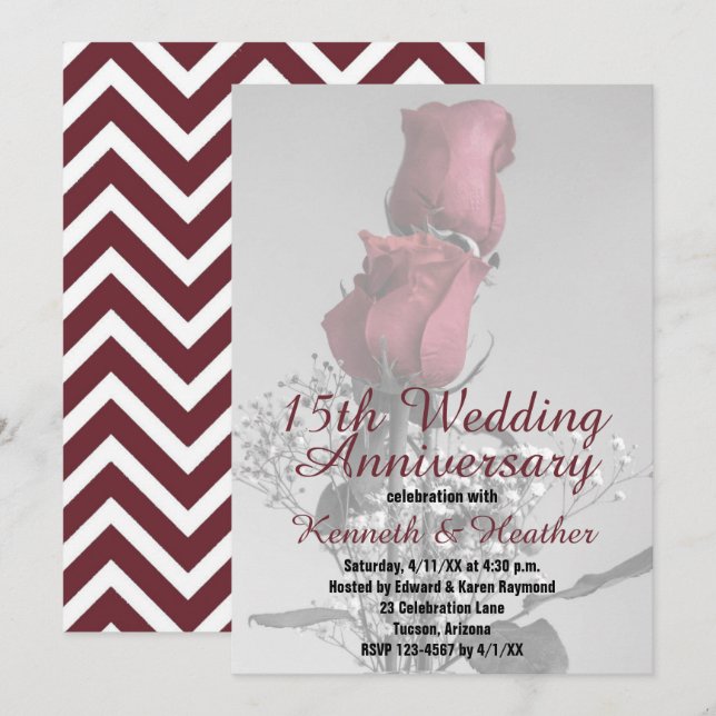 Invitación 15° Aniversario del Boda Dos fotos de rosas rojas (Anverso / Reverso)