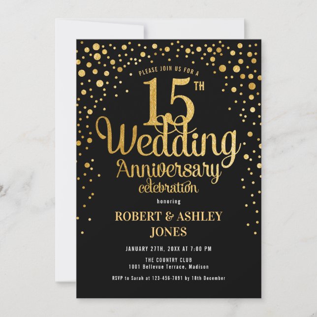 Invitación 15° Aniversario del Boda - Negro y Oro (Anverso)