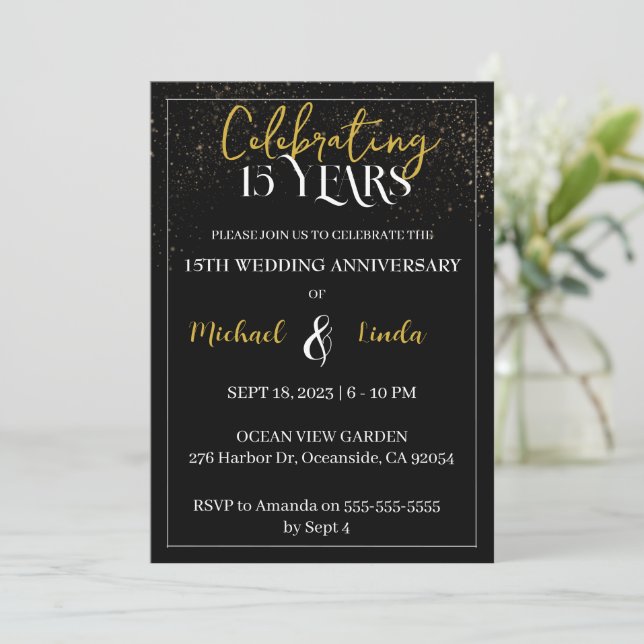 Invitación 15° Aniversario del Boda Pareja de Oro Negro (Anverso de pie)