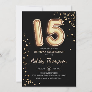 Invitación 15 Aniversario - Globos de Oro Negro