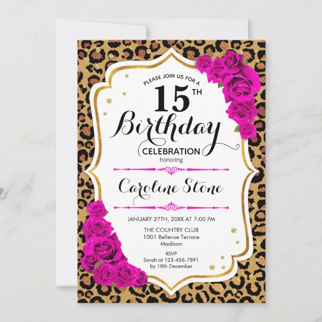 Invitación 15 Aniversario - Impresión de Leopardo de Oro Rosa (Anverso)