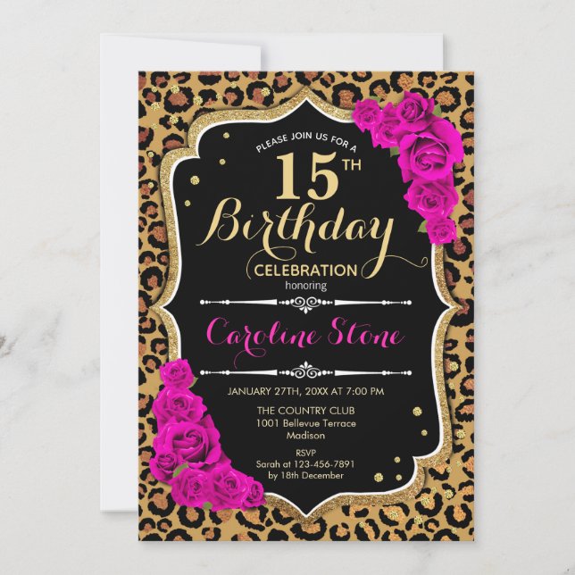Invitación 15 Aniversario - Impresión de leopardo de rosas ro (Anverso)