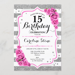 Invitación 15 Aniversario - Tiras blancas plateadas rosas ros