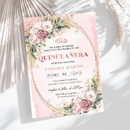 Invitación 15 Años Floral Rosa con Verde Eucalipto