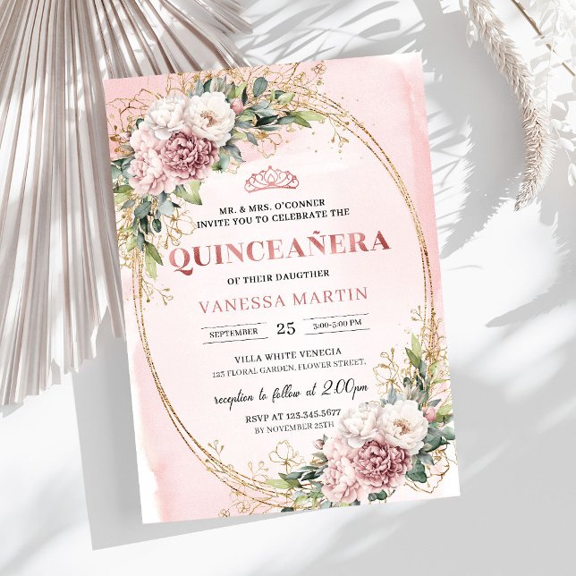 Invitación 15 Años Floral Rosa con Verde Eucalipto (Sparkling Blush Pink Flowers Eucalyptus 15th Birthday Invite

)