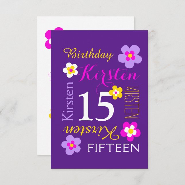 Invitación 15 años flores amarillo rosa morado sorpresa (Anverso / Reverso)