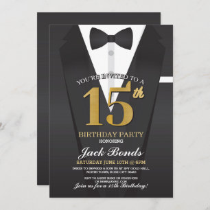 Invitación 15 cumpleaños Demo Espía Negra Bolla de oro Tuxedo