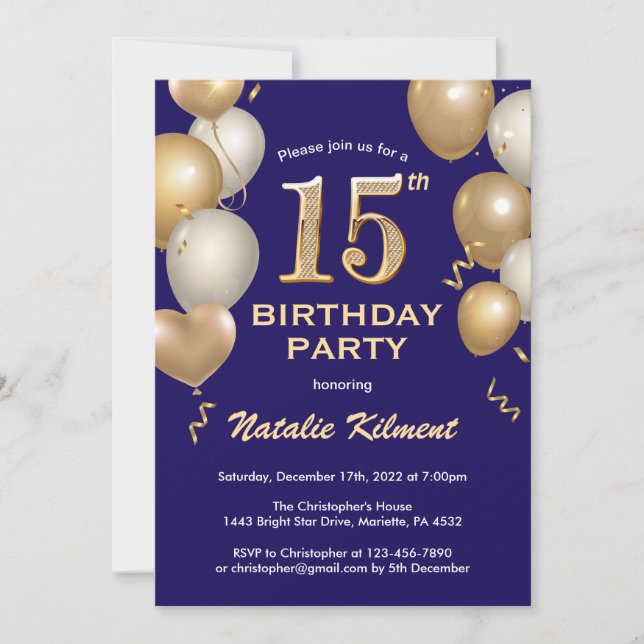 Invitación 15 globos Purpurinas azules y de oro de la marina  (Anverso)