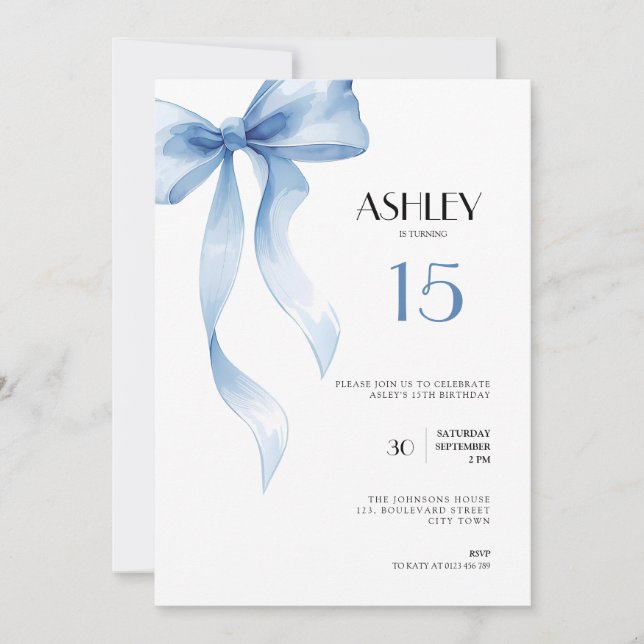 Invitación 15th Birthday Invitation Blue Bow for Girls (Anverso)