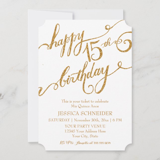 Invitación 15th Mis Quince Anos, boleto de cumpleaños de Quin (Anverso)