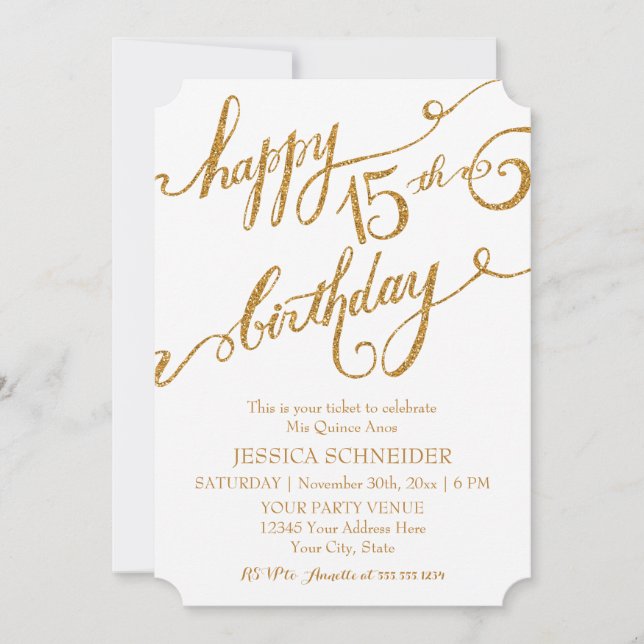 Invitación 15th Mis Quince Anos, boleto de cumpleaños de Quin (Anverso)