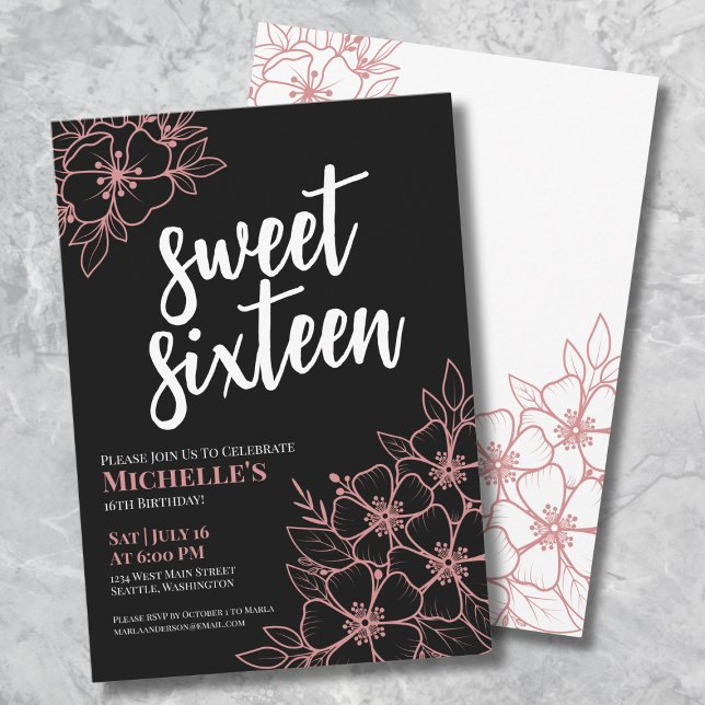 Invitación 16º Cumpleaños de Dulces Dieciséis Fiesta Floral d (16th Rose Gold Floral Sweet Sixteen Birthday Party Invitation)