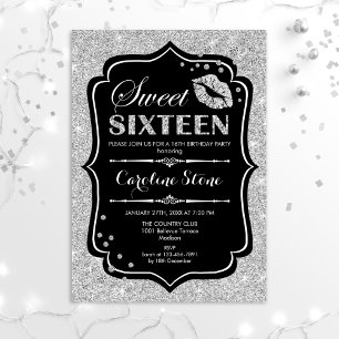 Invitación 16º cumpleaños - Dieciséis color negro plateado