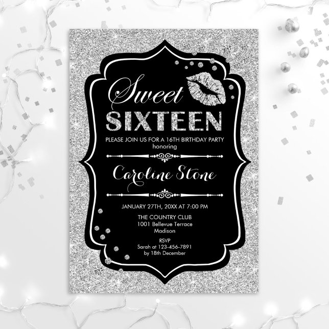 Invitación 16º cumpleaños - Dieciséis color negro plateado (Subido por el creador)