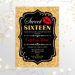 Invitación 16º cumpleaños - Dulce Dieciséis dorados Rojo negr<br><div class="desc">Dulce Invitación De Cumpleaños. Elegante diseño blanco negro con falso oro purpurina. Incluye el beso de labios rojos,  el diseño y el tipo de letra del guión. Perfecto para una elegante fiesta de cumpleaños. Mándame un mensaje si necesitas más personalización.</div>