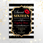 Invitación 16º cumpleaños - Dulce Dieciséis Oro Rojo Negro<br><div class="desc">Dulce Invitación De Cumpleaños. Elegante diseño blanco negro con falso oro purpurina. Cuenta con un beso de labios rojos,  rayas blancas negras,  un confetti y un tipo de letra de guión. Perfecto para una elegante fiesta de cumpleaños. Mándame un mensaje si necesitas más personalización.</div>