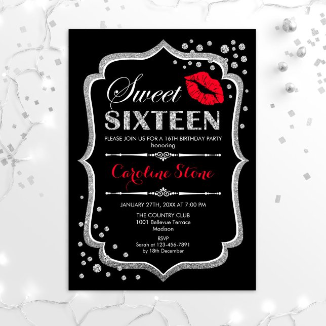 Invitación 16º cumpleaños - Dulce Dieciséis Plata Rojo Negro (Subido por el creador)