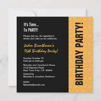 Invitación 16º cumpleaños moderno oro y negro V841