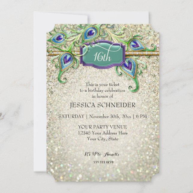 Invitación 16.ª Dulce Seiscientos Cumpleaños Pluma de Pavo Re (Anverso)