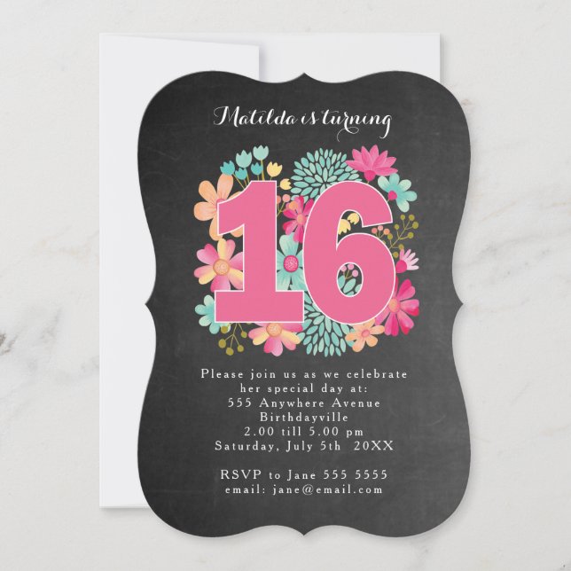 Invitación 16.ª Feria de Cumpleaños Chalkboard Pintado Floral (Anverso)