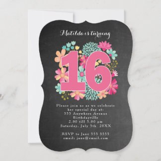 Invitación 16.ª Feria de Cumpleaños Chalkboard Pintado Floral