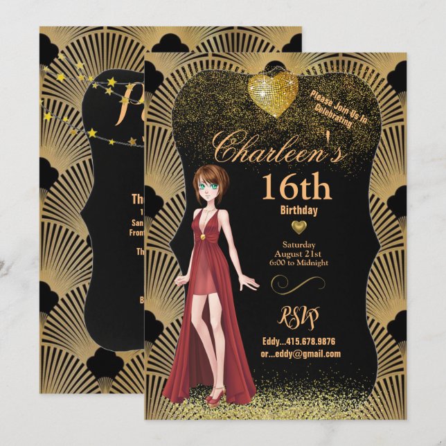 Invitación 16.ª fiesta de cumpleaños Chica Art Deco Gatsby (Anverso / Reverso)
