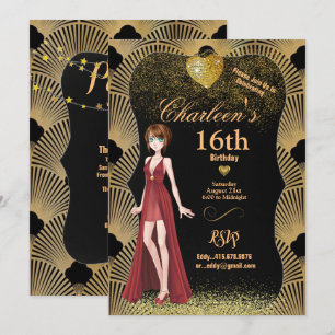 Invitación 16.ª fiesta de cumpleaños Chica Art Deco Gatsby