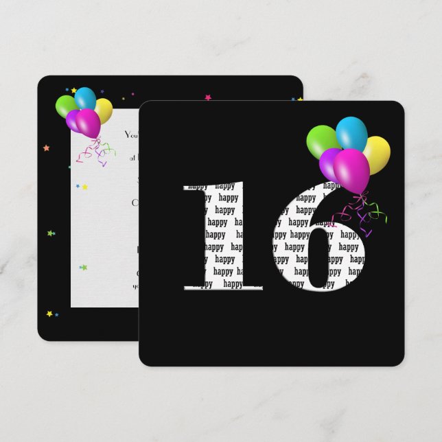 Invitación 16.ª fiesta de cumpleaños con globo (Anverso / Reverso)