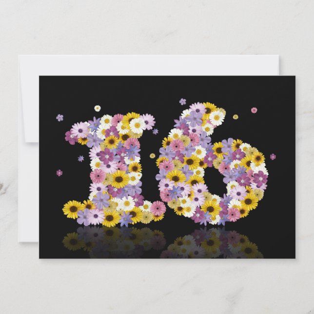 Invitación 16.ª fiesta de cumpleaños, con letras con flores (Anverso)