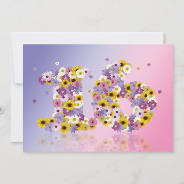 Invitación 16.ª fiesta de cumpleaños, con letras con flores (Anverso)