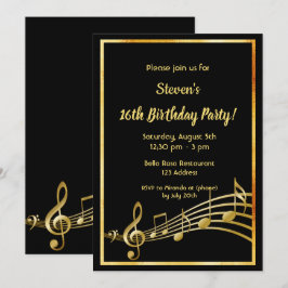 Invitación 16.ª fiesta de cumpleaños notas de música en negro